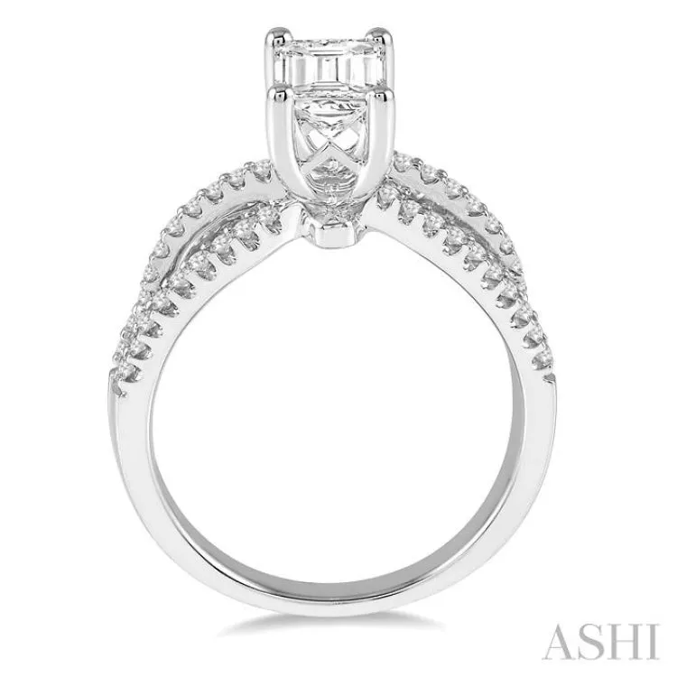 1 1/6 Ctw Split Shank Diamond Engagement Ring with 3/4 Ct Octagon Cut Center Diamond in 14K White Gold