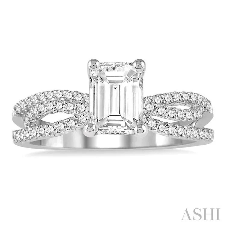 1 1/6 Ctw Split Shank Diamond Engagement Ring with 3/4 Ct Octagon Cut Center Diamond in 14K White Gold