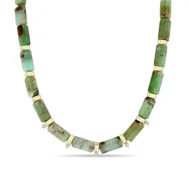 14k Gold & Chrysoprase Tube Bead Necklace with 5 Prong Diamonds