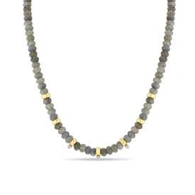 14k Gold & Labradorite Rondelle Bead Necklace with 3 Prong Diamonds