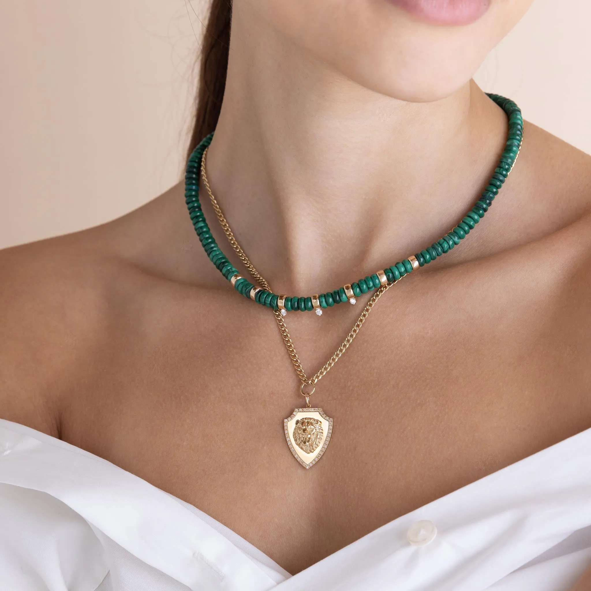 14k Gold & Malachite Rondelle Bead Necklace with 3 Prong Diamonds