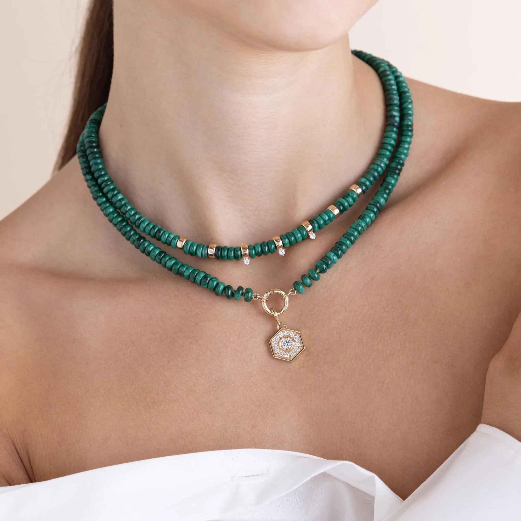 14k Gold & Malachite Rondelle Bead Necklace with 3 Prong Diamonds