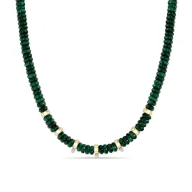 14k Gold & Malachite Rondelle Bead Necklace with 3 Prong Diamonds