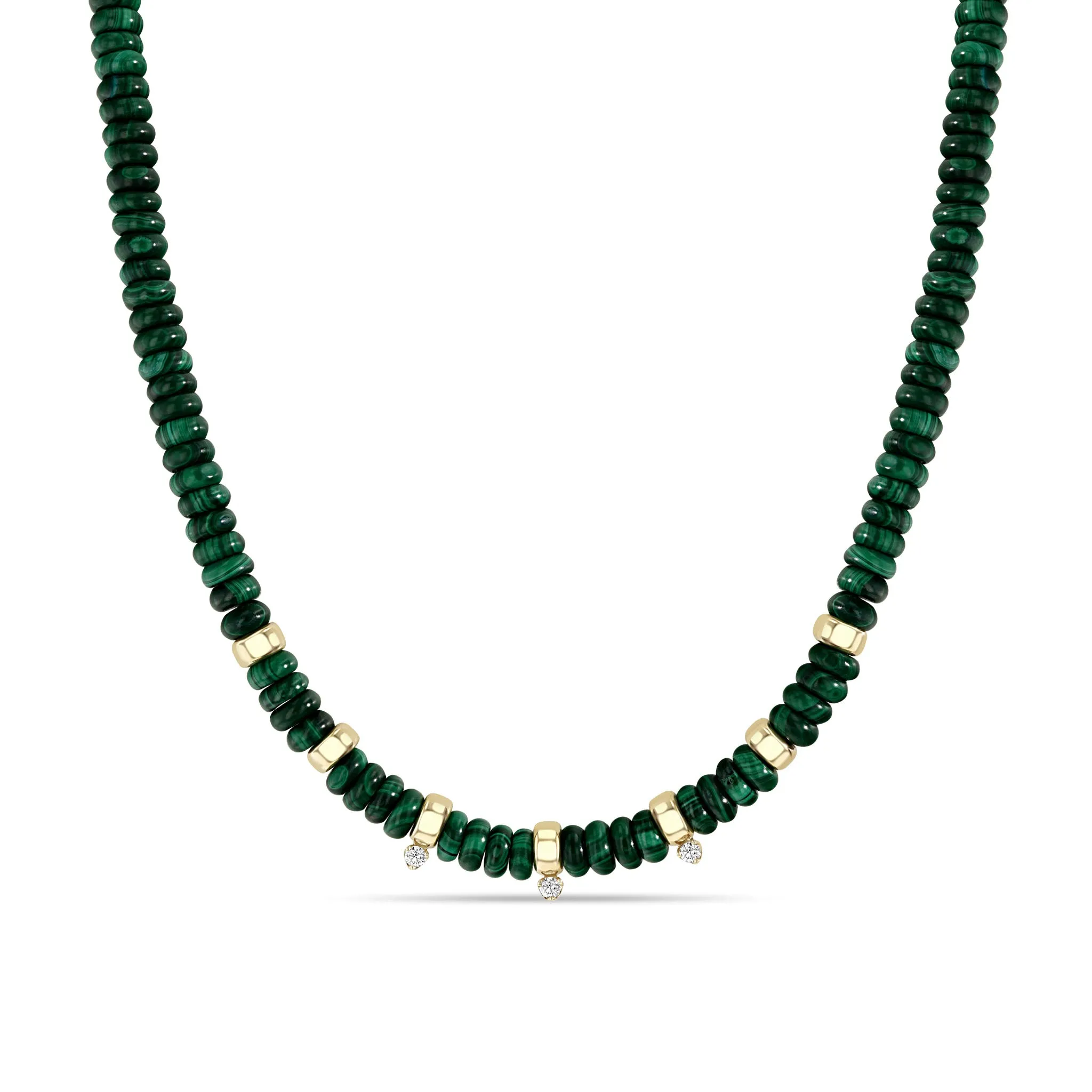 14k Gold & Malachite Rondelle Bead Necklace with 3 Prong Diamonds