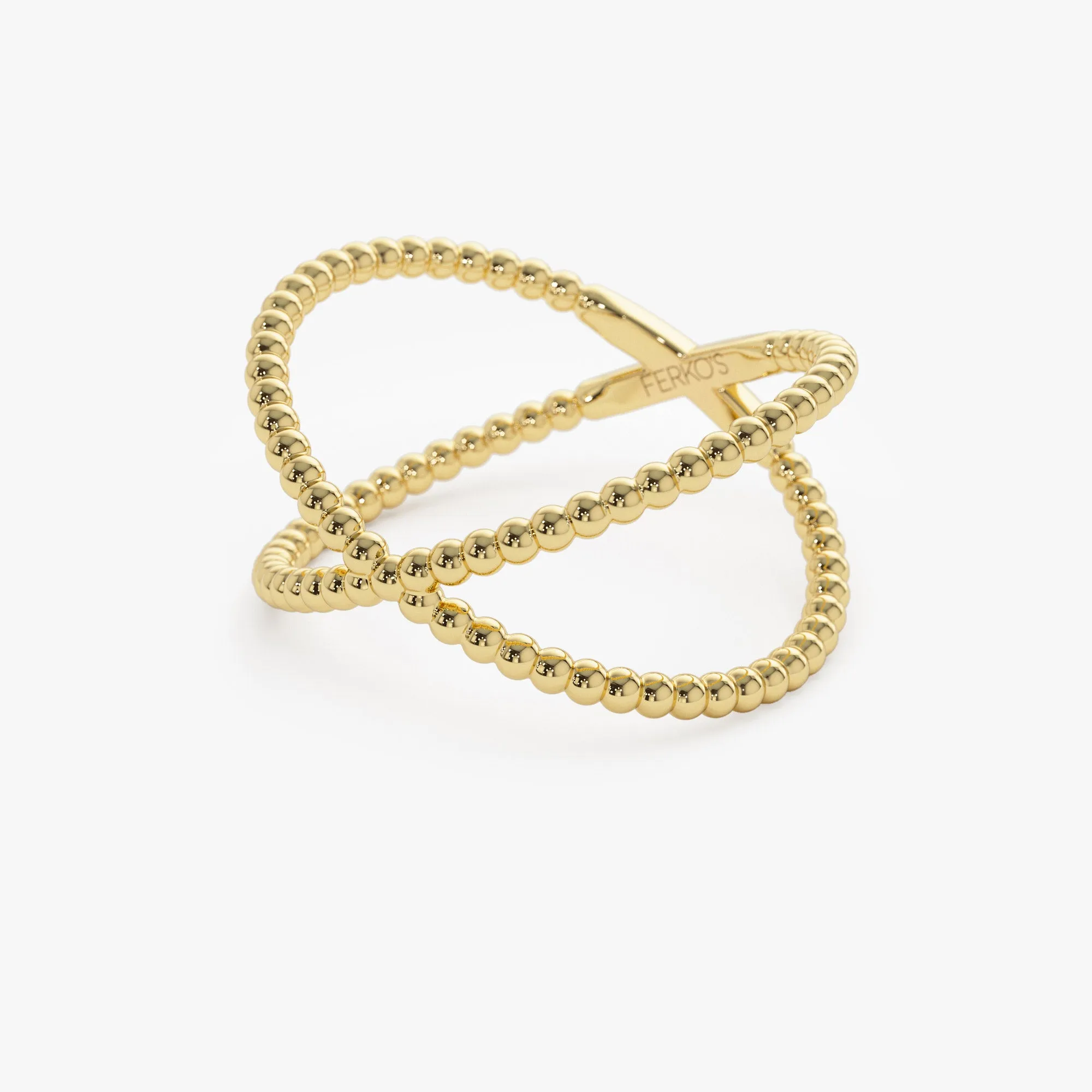 14K Gold Beaded Band Criss Cross Statement Ring