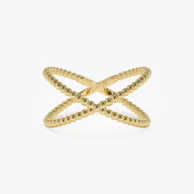 14K Gold Beaded Band Criss Cross Statement Ring