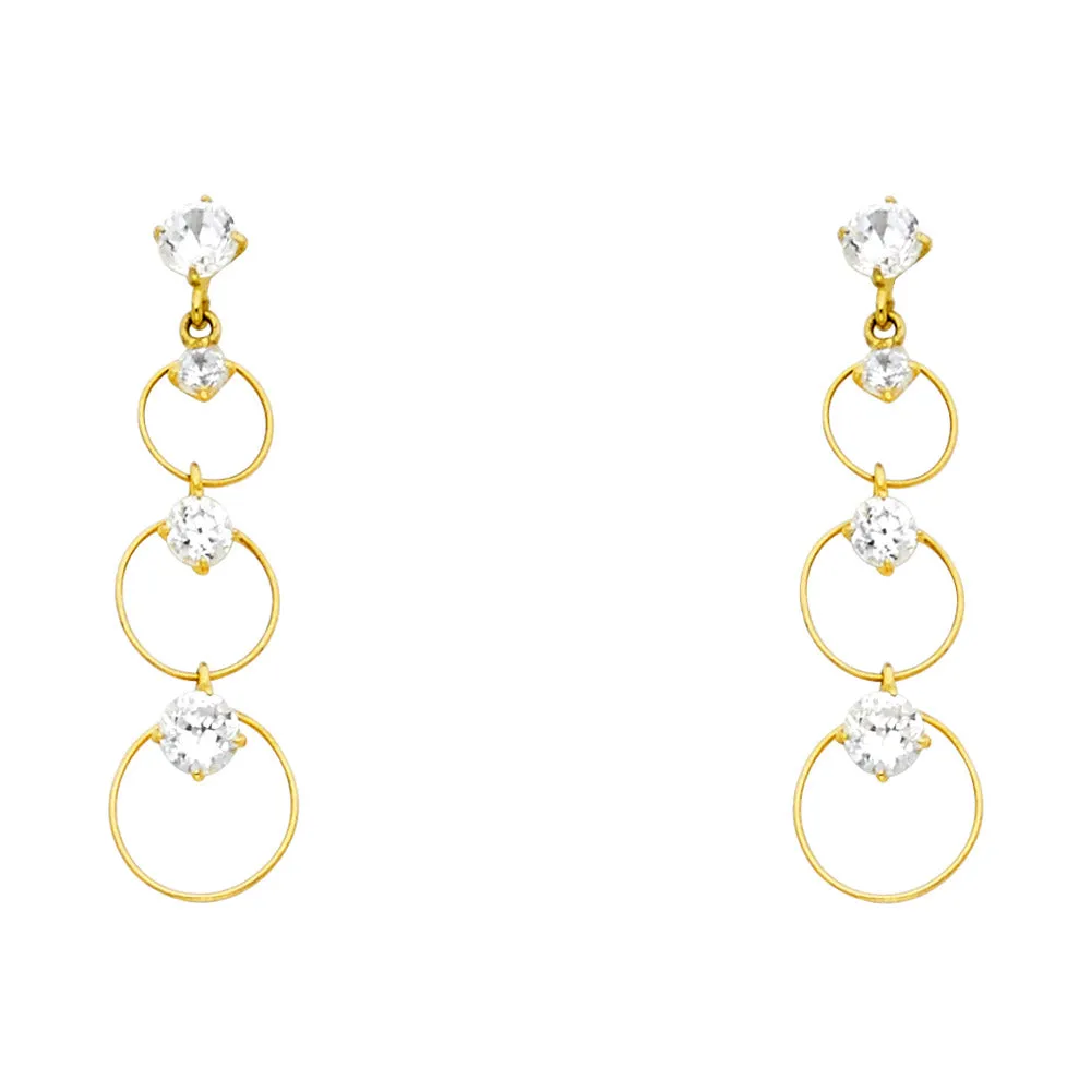 14K Gold CZ Circle Dangle Drop Stud Earrings