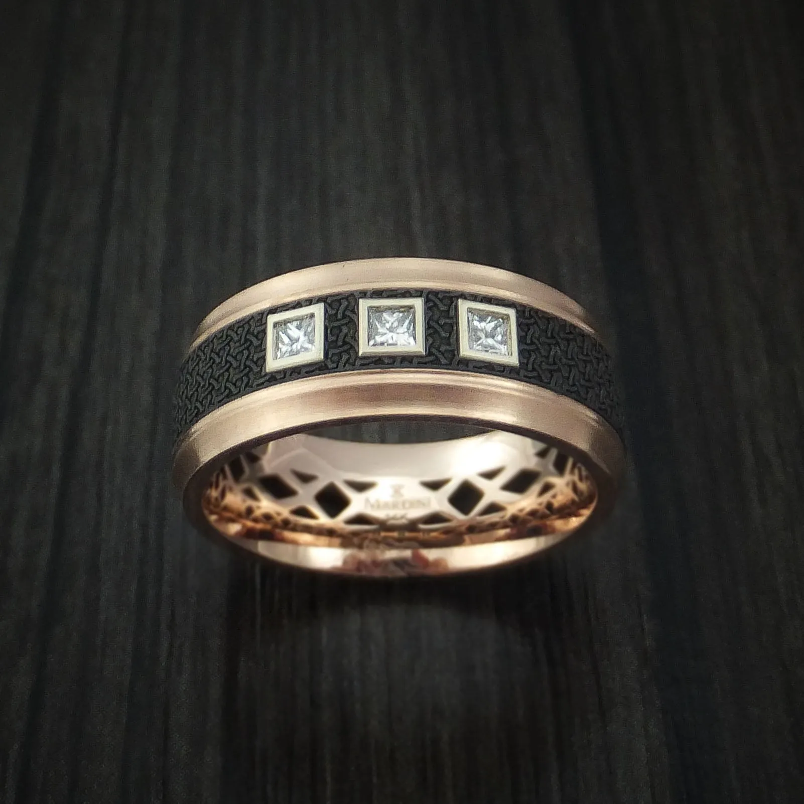 14K Rose Gold with Carbon Fiber and Diamonds Custom Made Men's Band