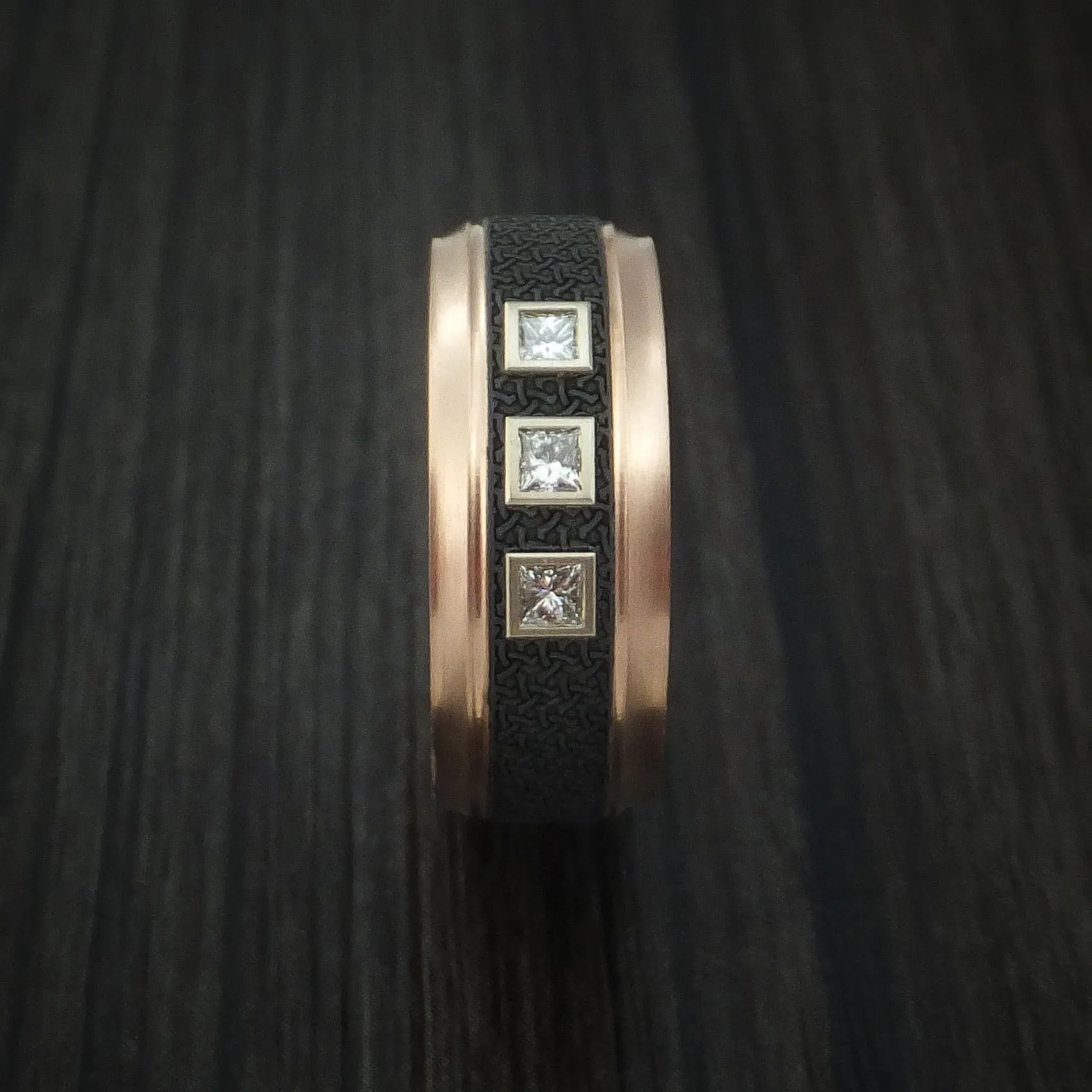 14K Rose Gold with Carbon Fiber and Diamonds Custom Made Men's Band