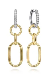 14K White and Yellow Gold Diamond Hollow Tube Huggie Drop Earrings