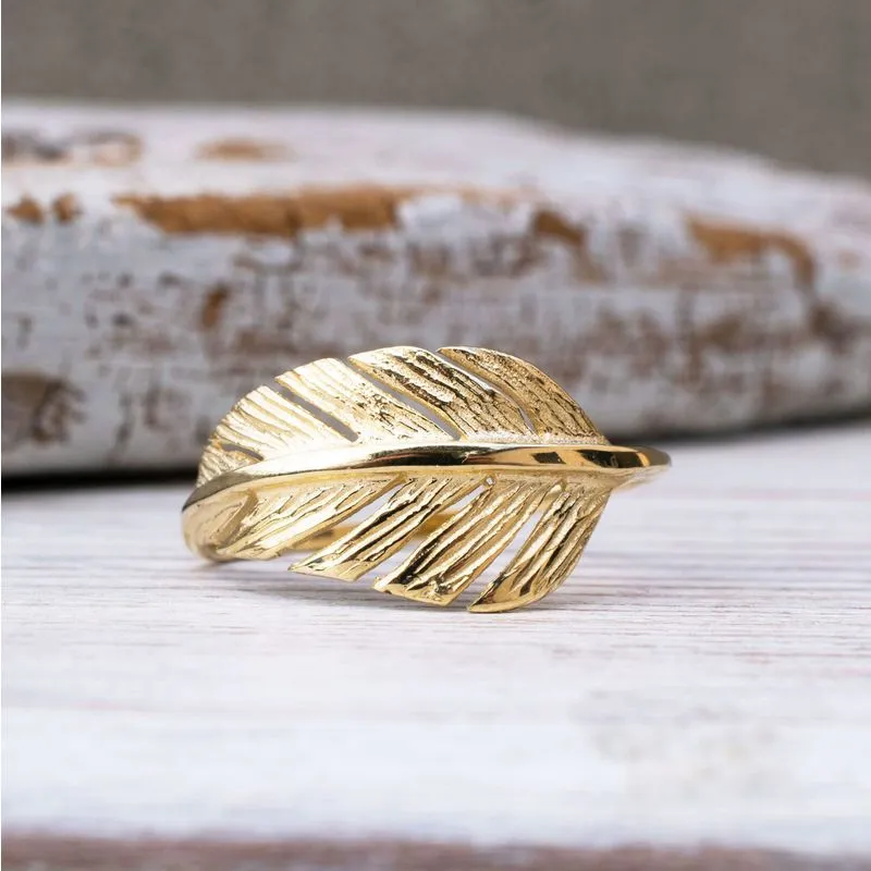 14K Yellow Gold Wide Feather Ring