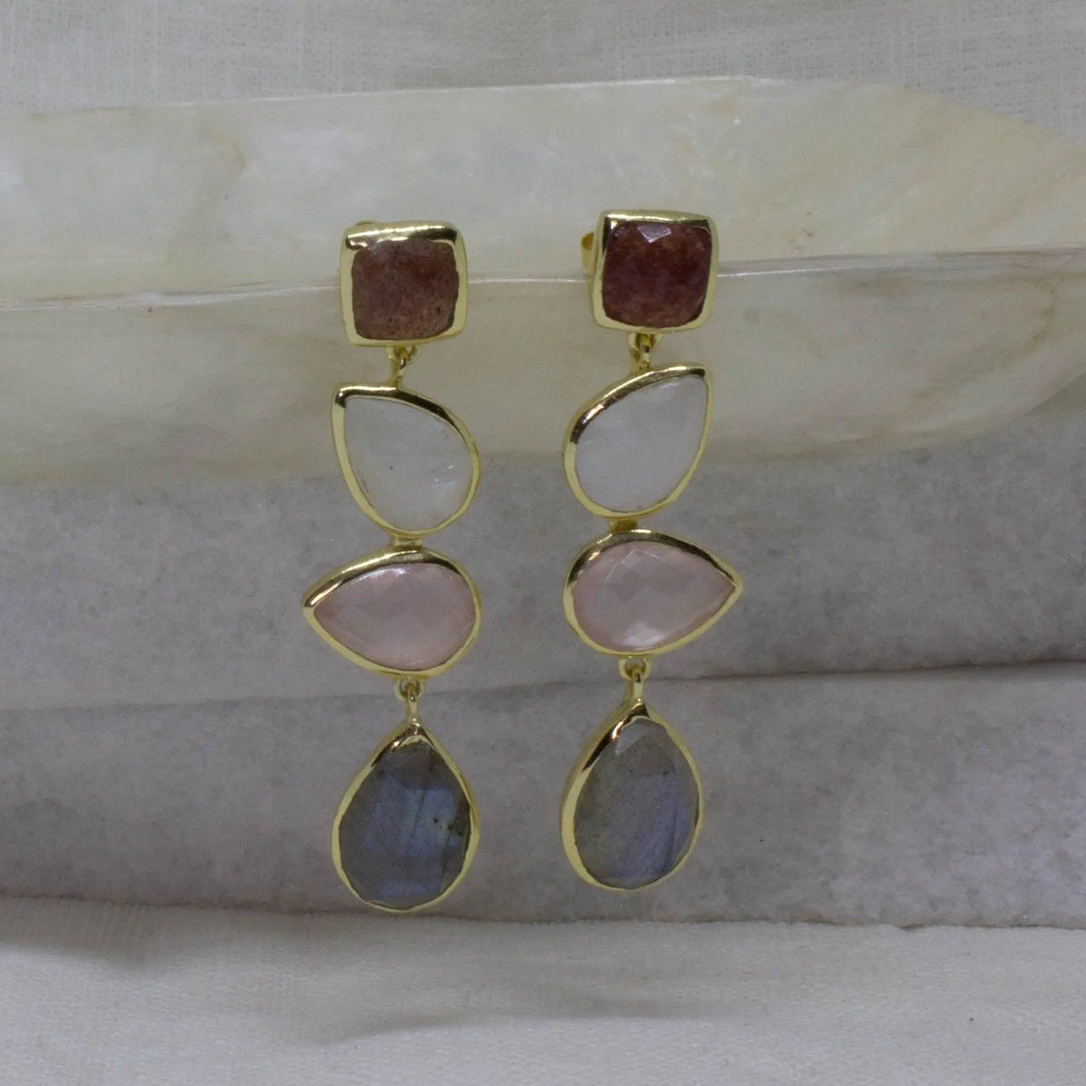 18ct Gold Vermeil Quartz, Moonstone and Labradorite Drop Earrings