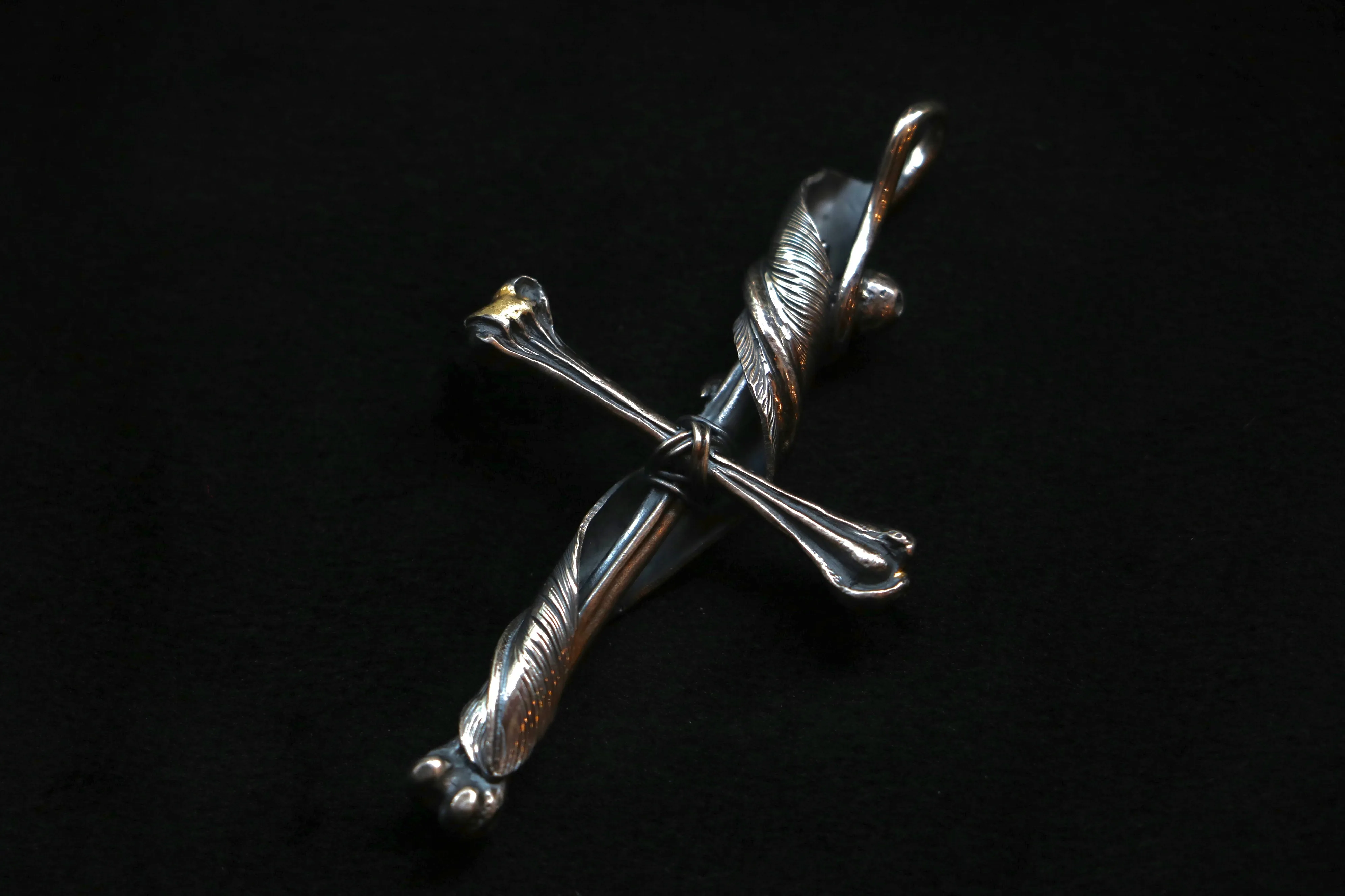 18K Braze Bone and Feather Cross Pendant