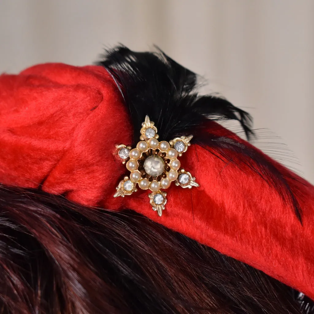 1950s Red Fuzzy Feather Cap Hat