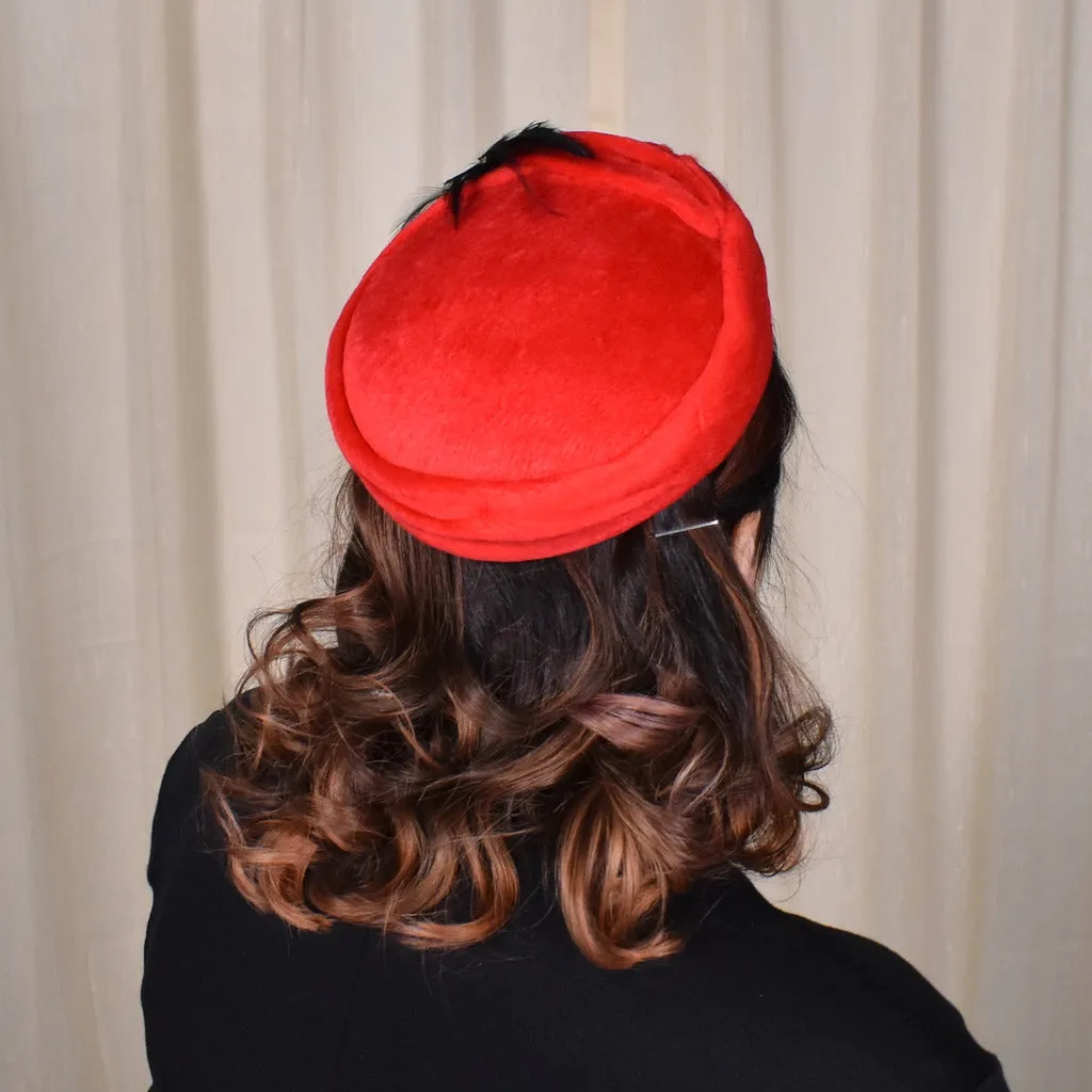 1950s Red Fuzzy Feather Cap Hat