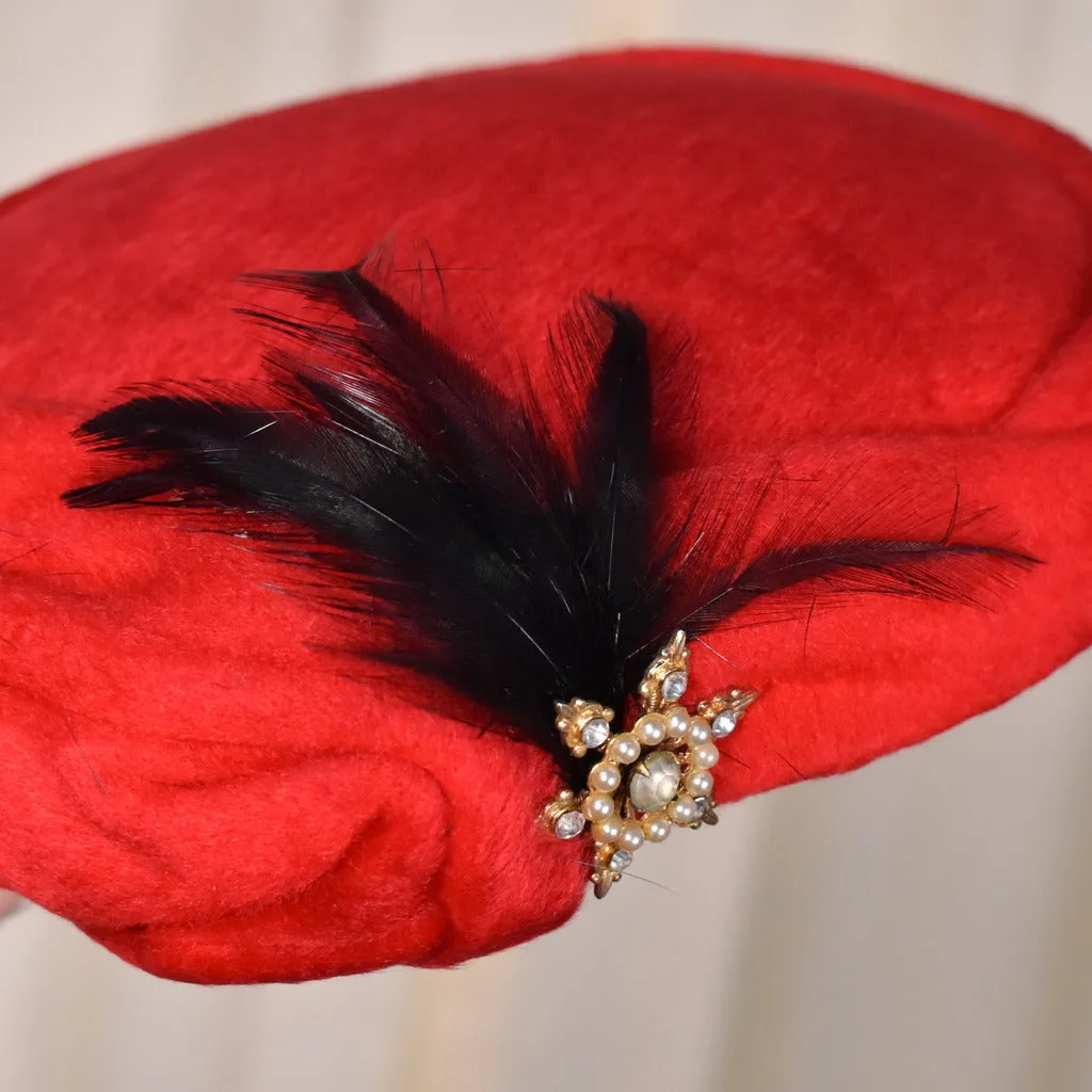 1950s Red Fuzzy Feather Cap Hat