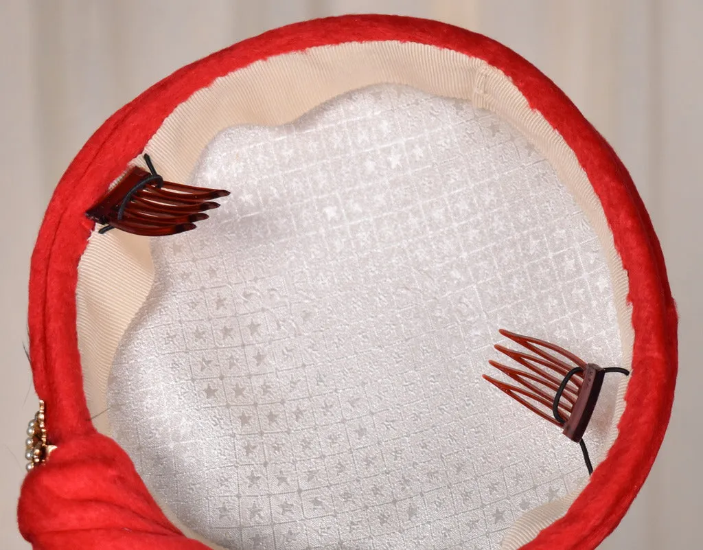 1950s Red Fuzzy Feather Cap Hat