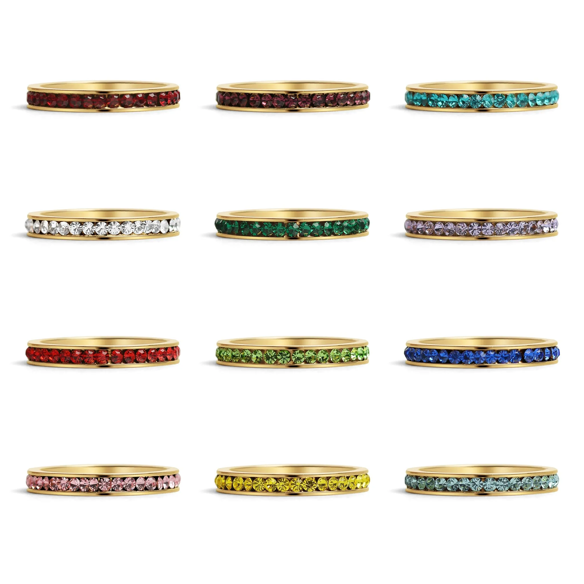 72 pc 18K Gold PVD Coated Stainless Steel Birthstone Eternity Ring Set & Display / BND0013