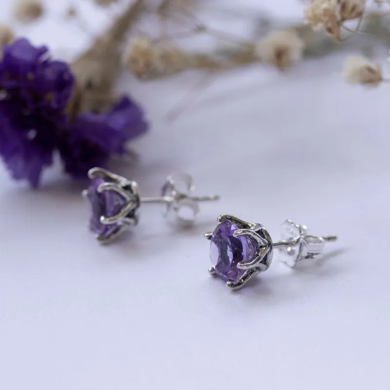 925 Silver Amethyst Studs - 7mm, Handmade, Dainty Gift