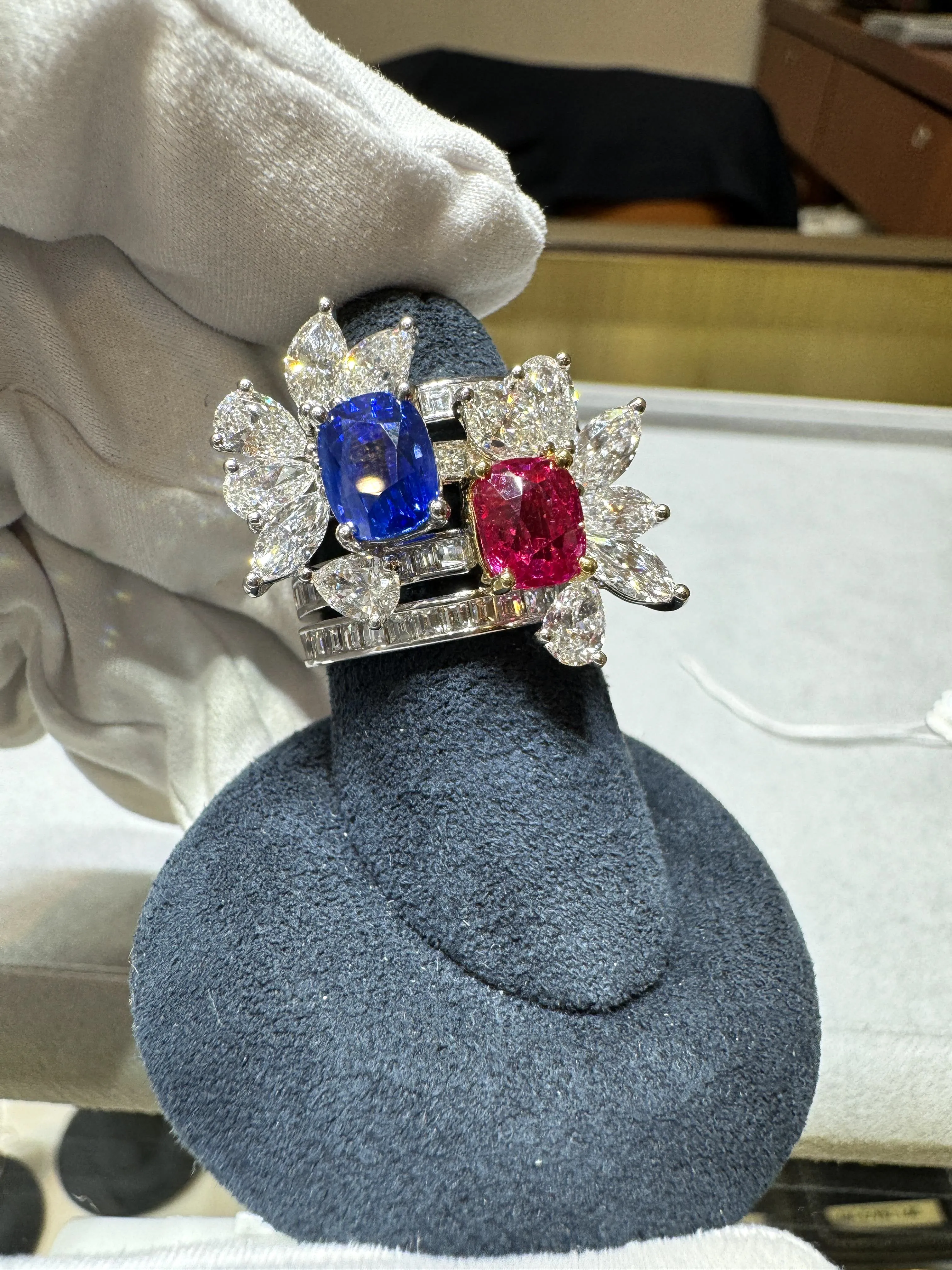 AGL Certified 8 Carat No Heat Kashmir Sapphire, Burma Ruby, & Diamond Stack Ring