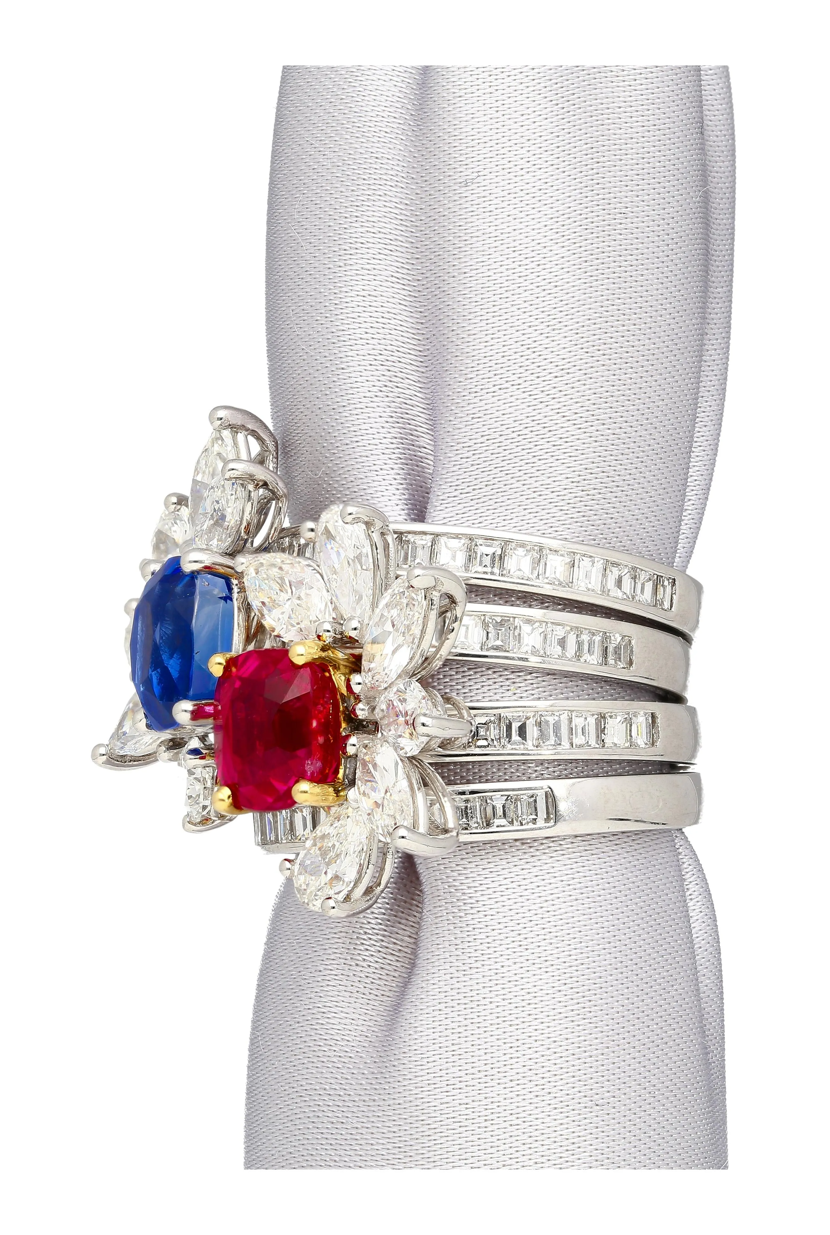 AGL Certified 8 Carat No Heat Kashmir Sapphire, Burma Ruby, & Diamond Stack Ring