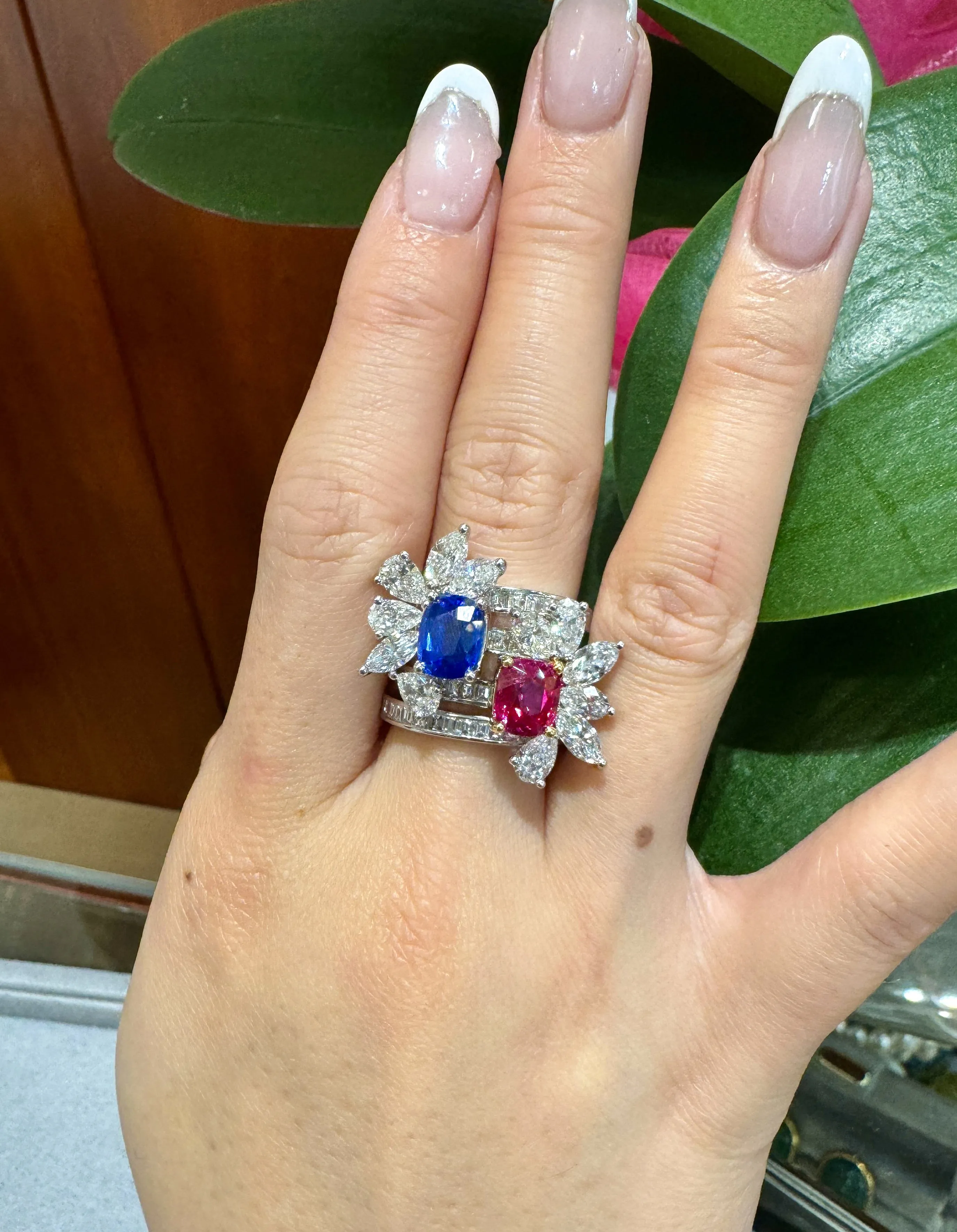 AGL Certified 8 Carat No Heat Kashmir Sapphire, Burma Ruby, & Diamond Stack Ring