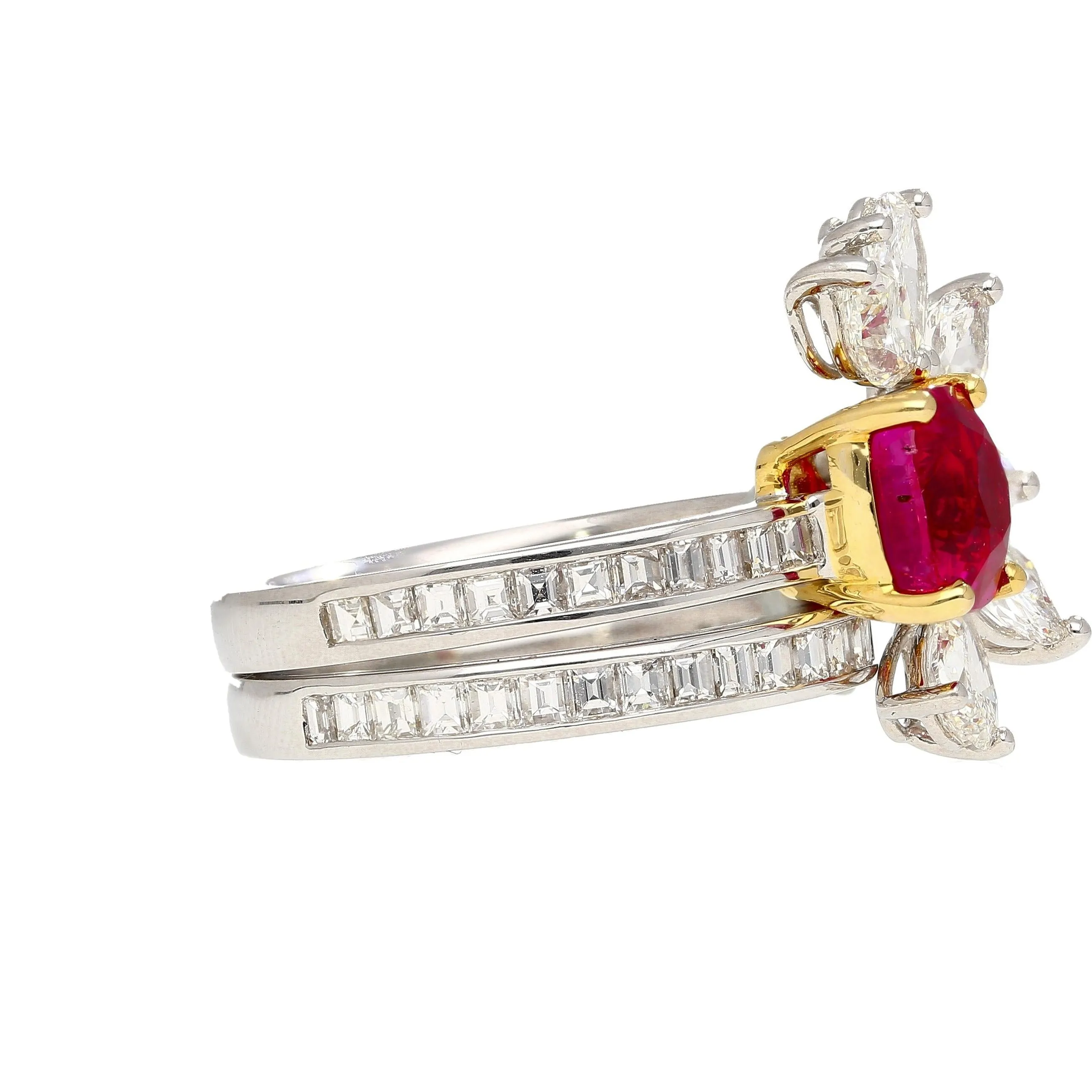 AGL Certified 8 Carat No Heat Kashmir Sapphire, Burma Ruby, & Diamond Stack Ring