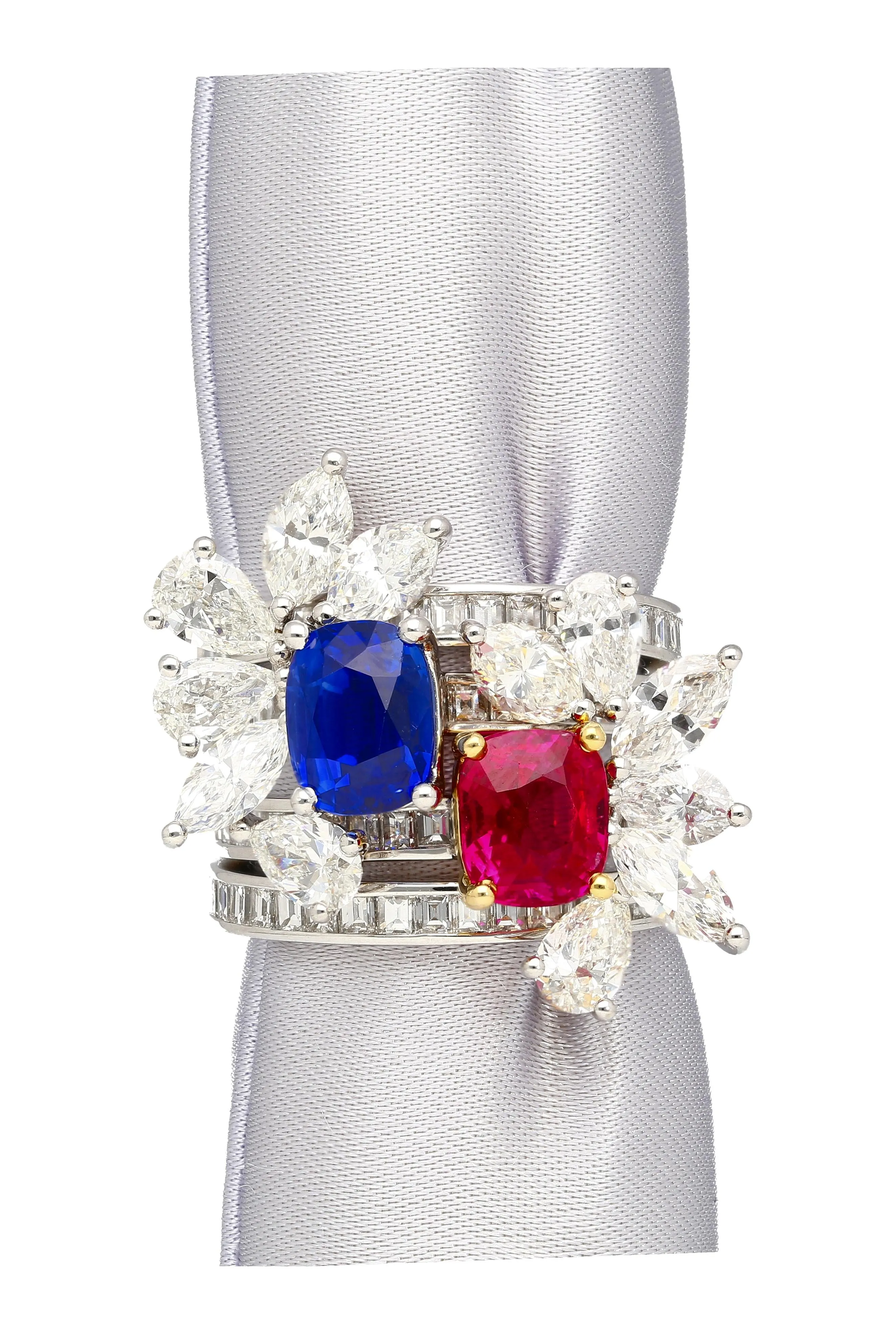 AGL Certified 8 Carat No Heat Kashmir Sapphire, Burma Ruby, & Diamond Stack Ring