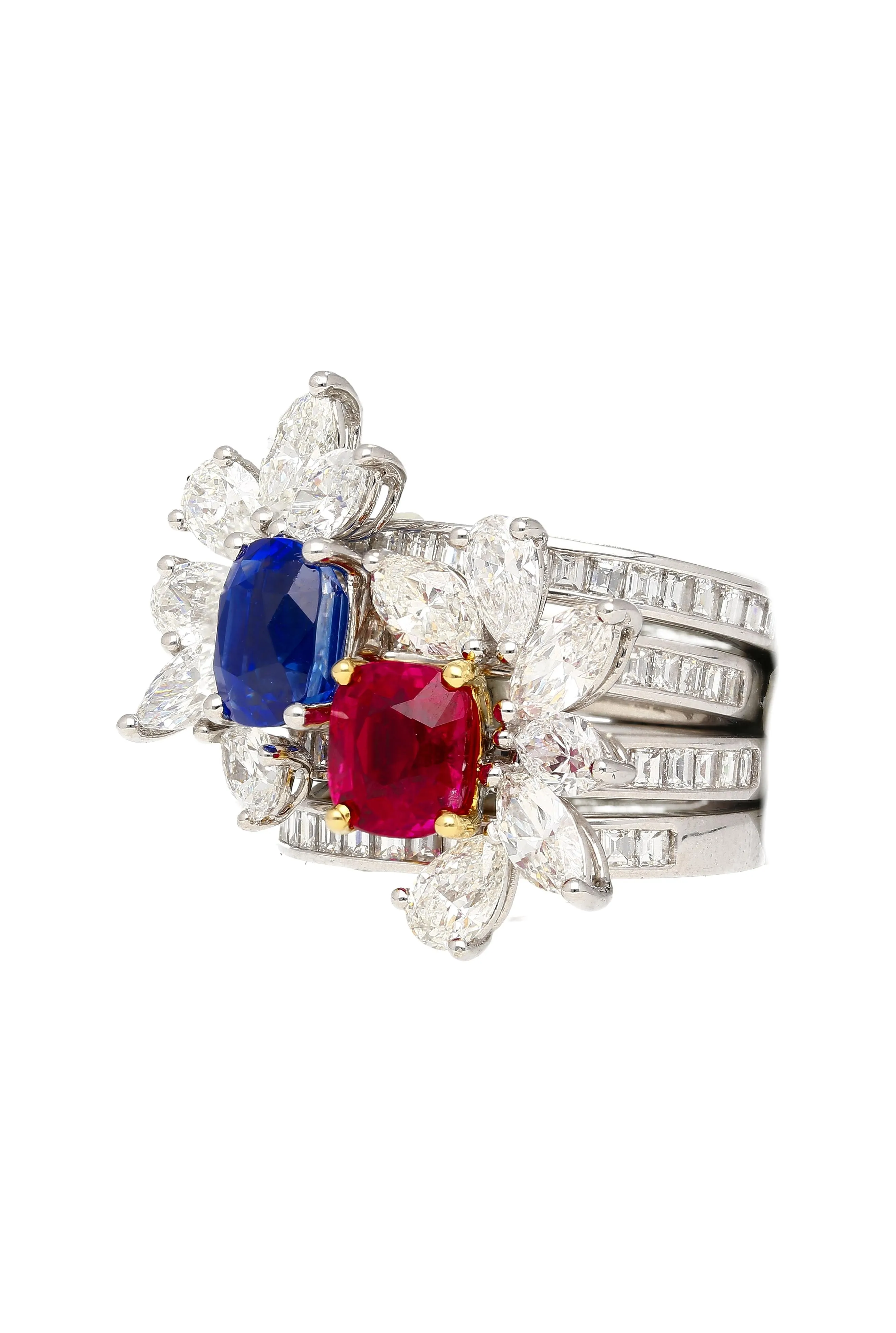 AGL Certified 8 Carat No Heat Kashmir Sapphire, Burma Ruby, & Diamond Stack Ring