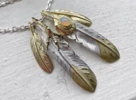 Albatory 18K Gold Top 18K Gold Cup 18K Tip Gold Opal Feather Pendant L