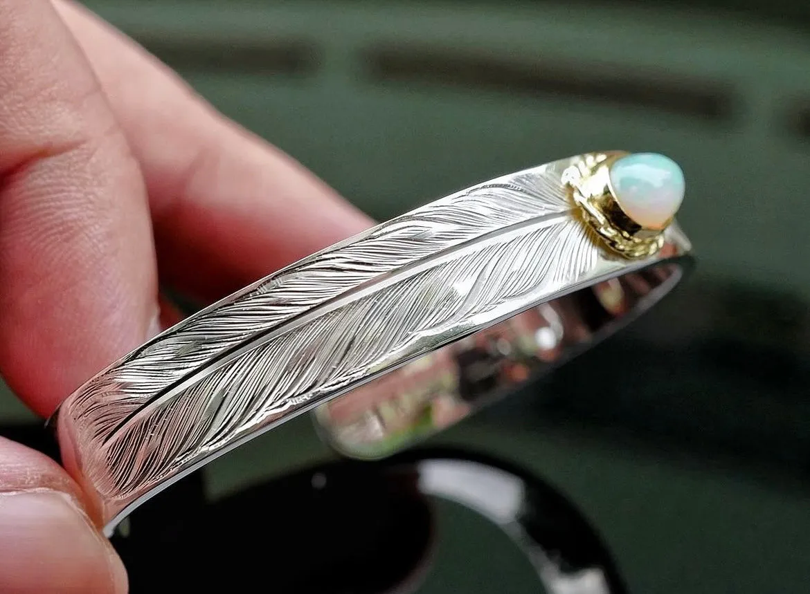 Albatory Engraved Double Silver Feather 18K Gold Cup Bangle w/ Opal