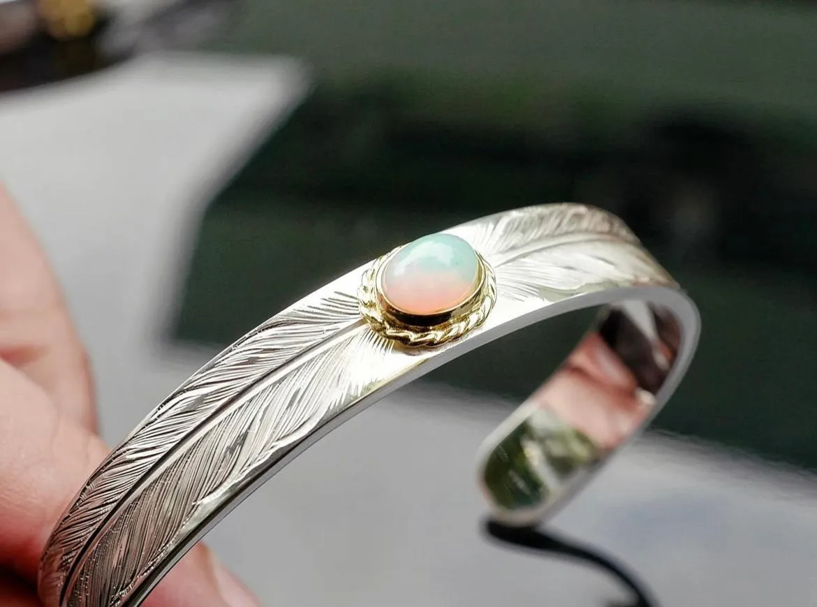 Albatory Engraved Double Silver Feather 18K Gold Cup Bangle w/ Opal