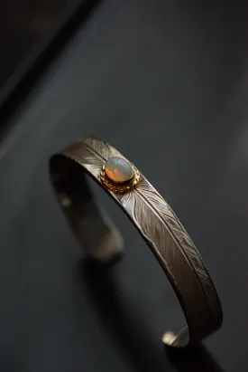 Albatory Engraved Double Silver Feather 18K Gold Cup Bangle w/ Opal