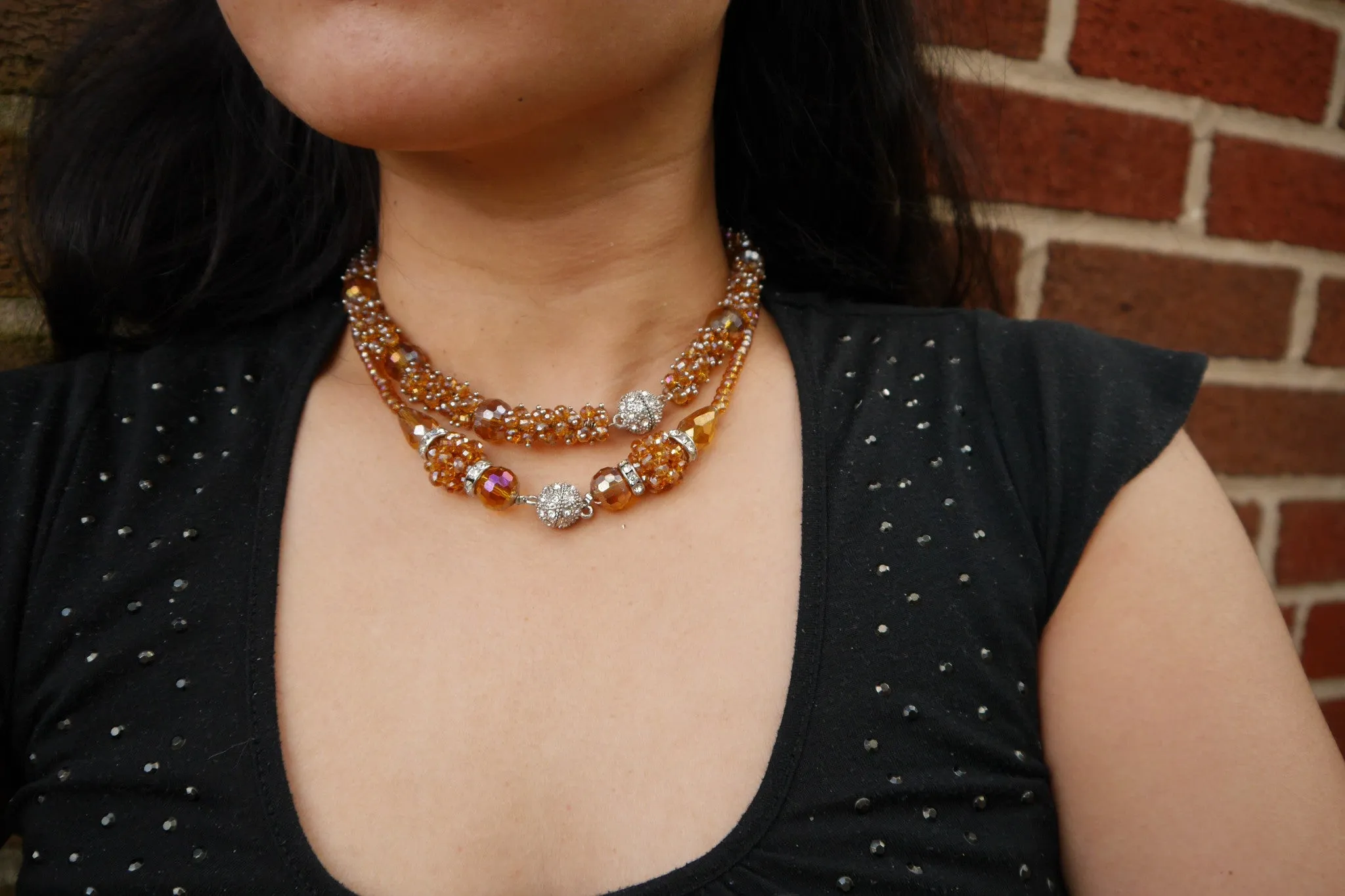 Amber Long Crystal Necklace Set, Transformable to Bracelet, Rhinestone Necklace, Rhinestone Bracelet