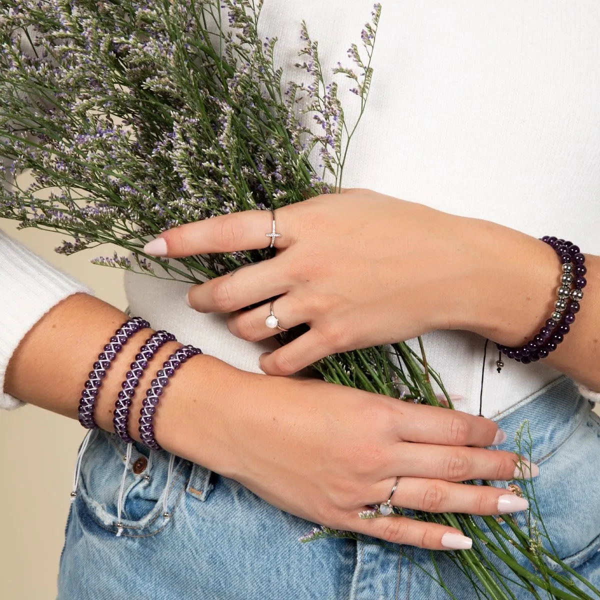 Amethyst | Silver | Balance Gemstone Macrame Bracelet