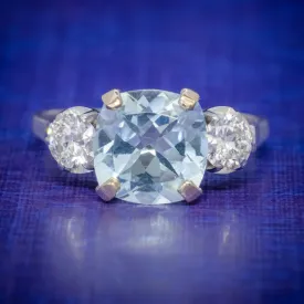 Antique Art Deco Aquamarine Diamond Trilogy Ring 18Ct White Gold Circa 1920