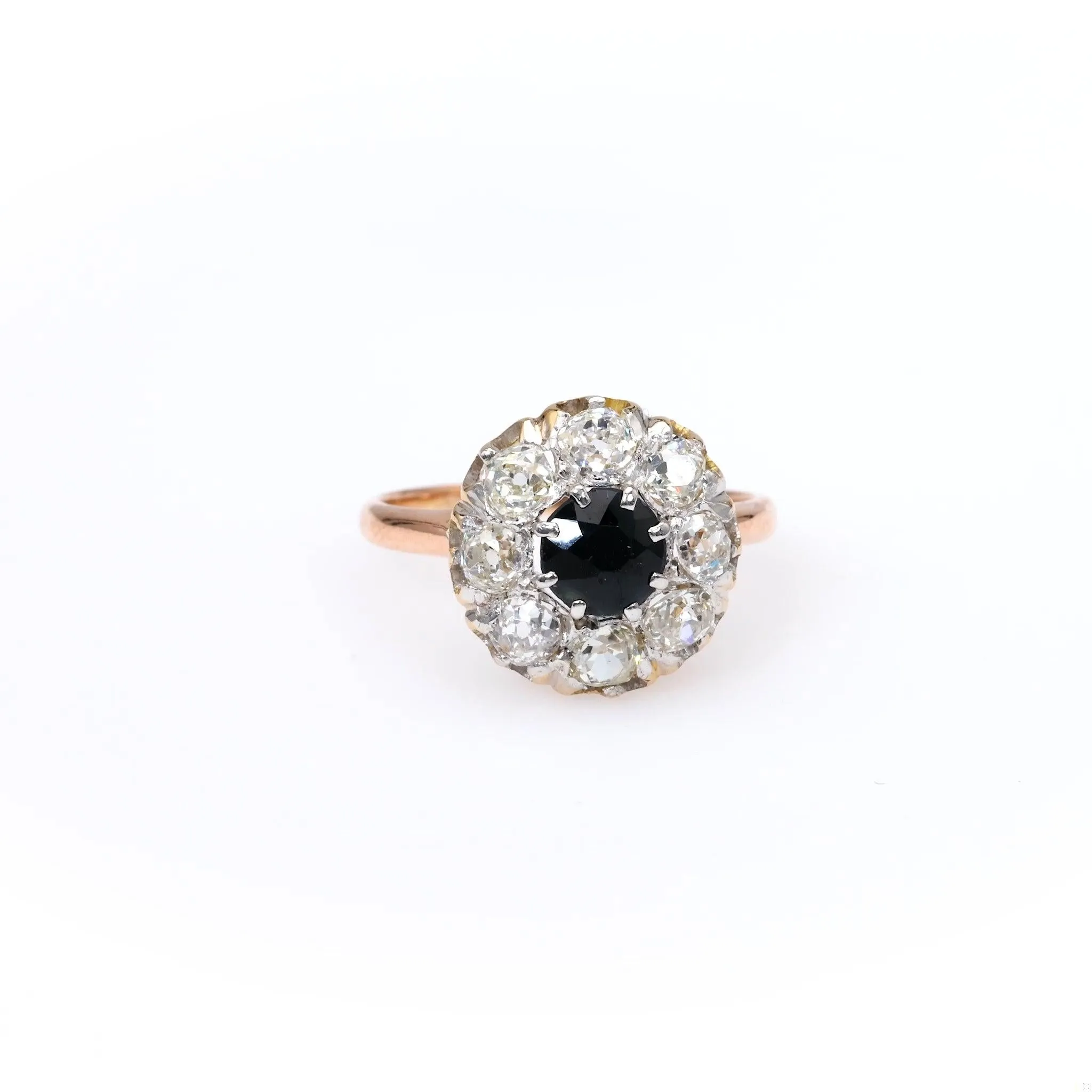 Antique Diamond and Sapphire 10k Rose Gold Platinum Cluster Ring