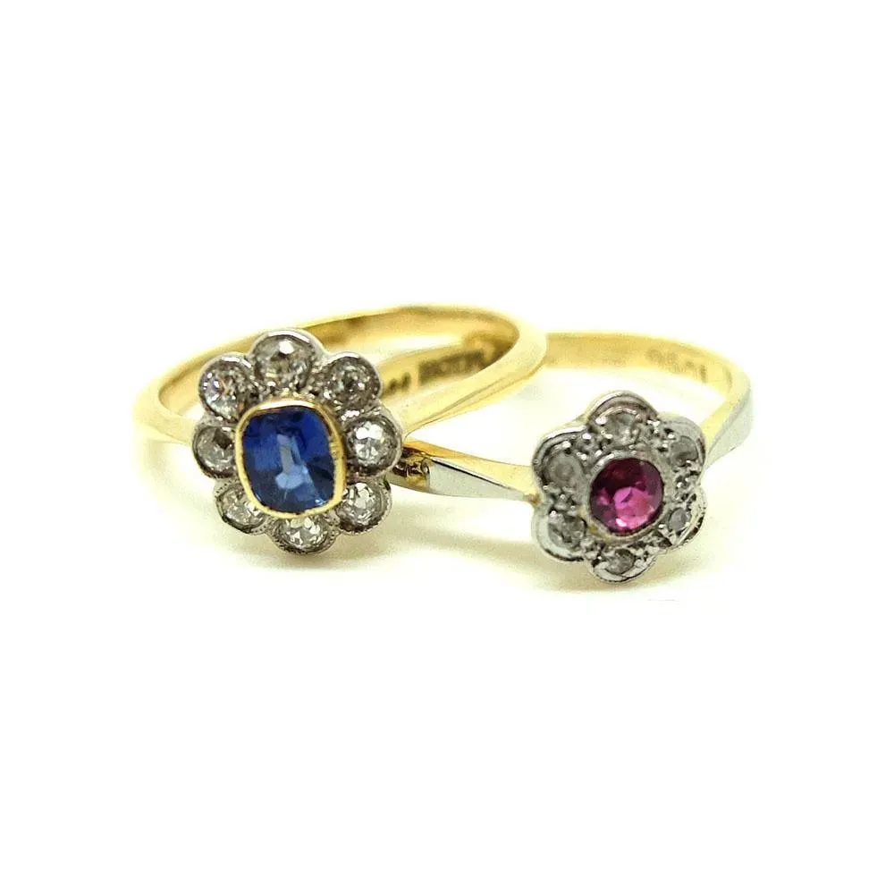 Antique Edwardian 18ct Gold Platinum Ruby Diamond Daisy Ring