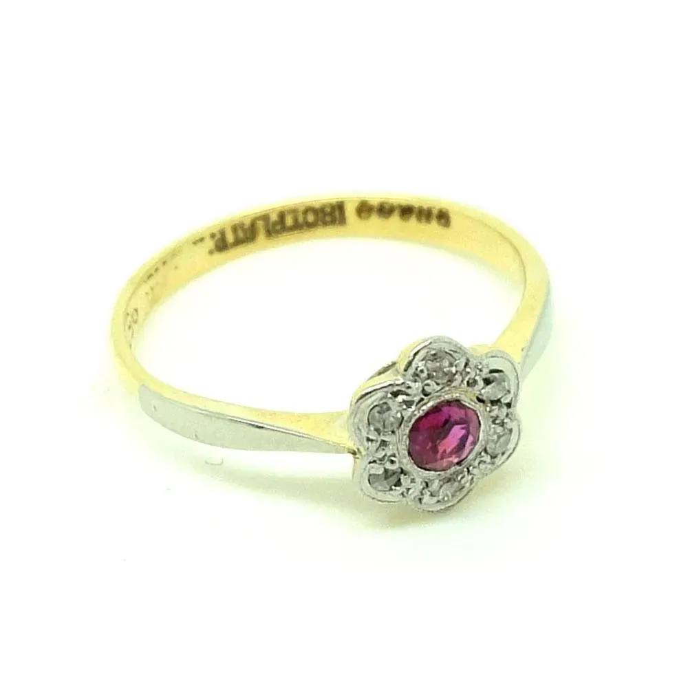 Antique Edwardian 18ct Gold Platinum Ruby Diamond Daisy Ring