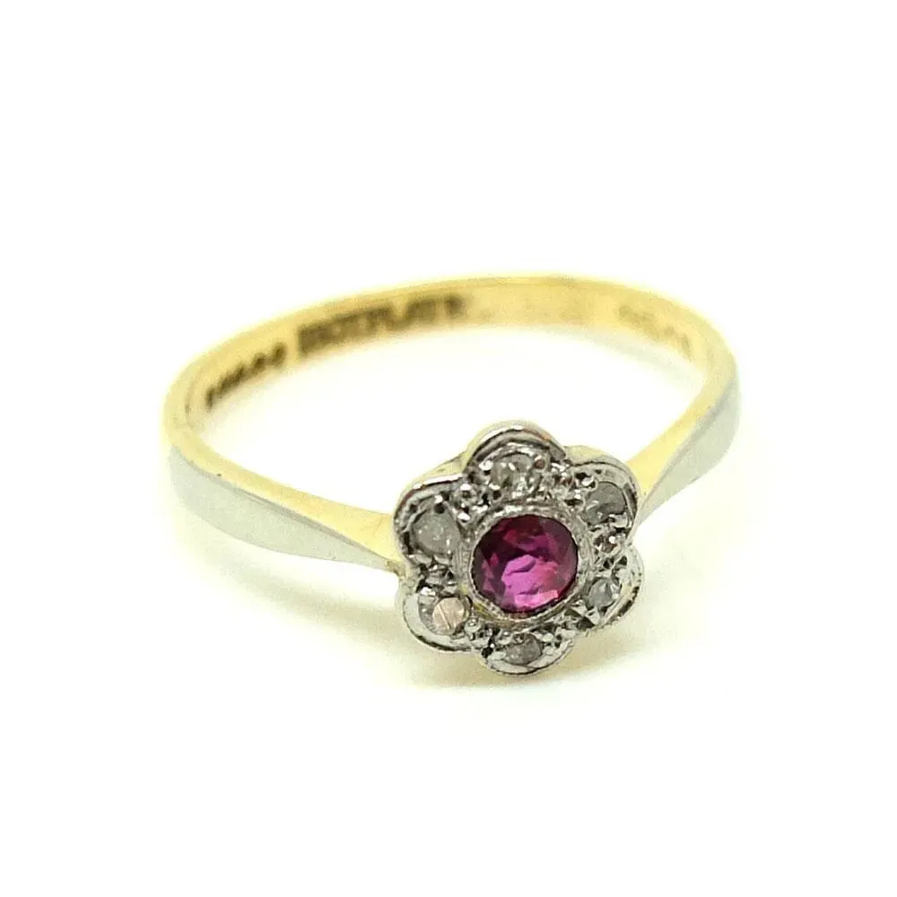 Antique Edwardian 18ct Gold Platinum Ruby Diamond Daisy Ring