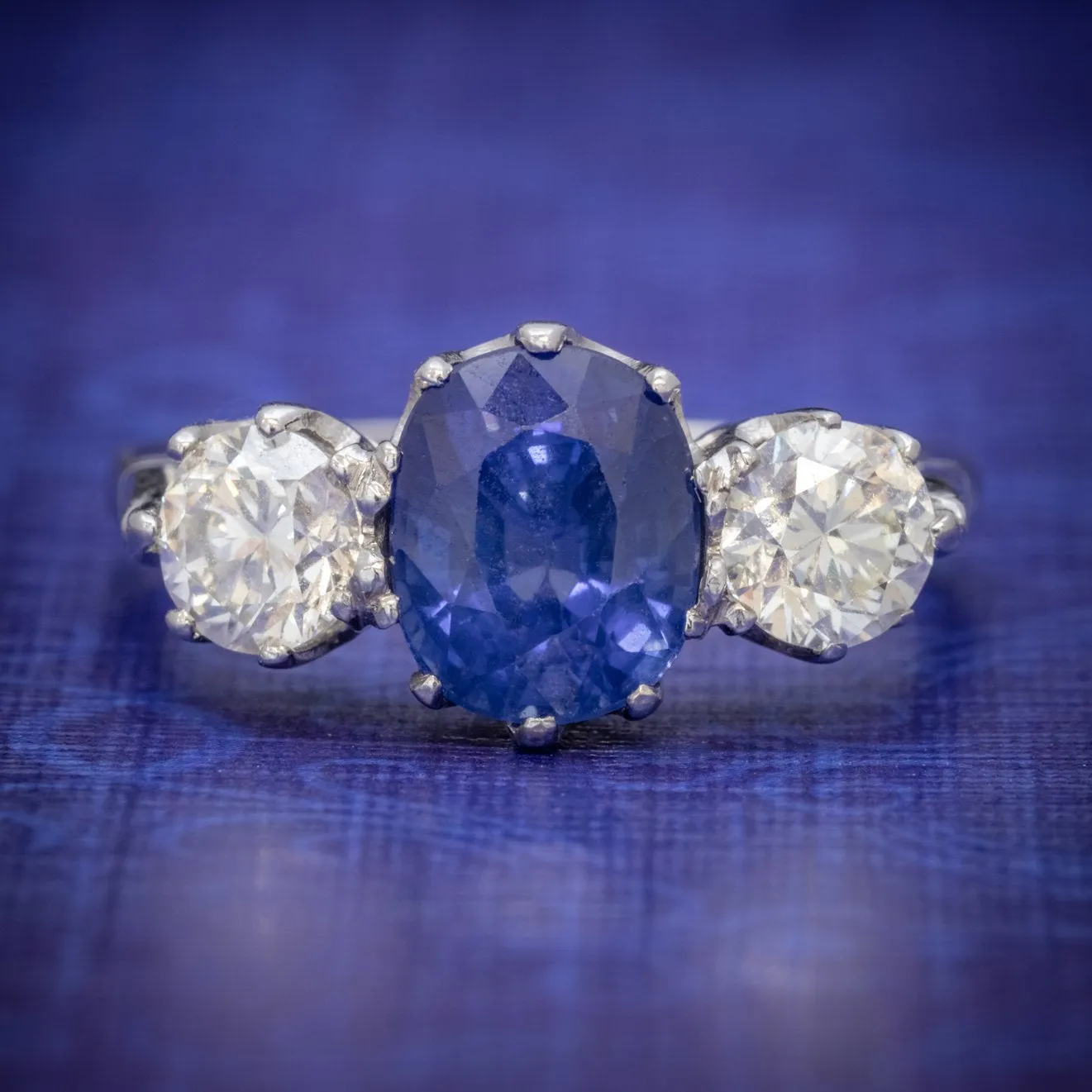 Antique Edwardian 2.40Ct Sapphire Diamond Trilogy Ring Platinum Circa 1915