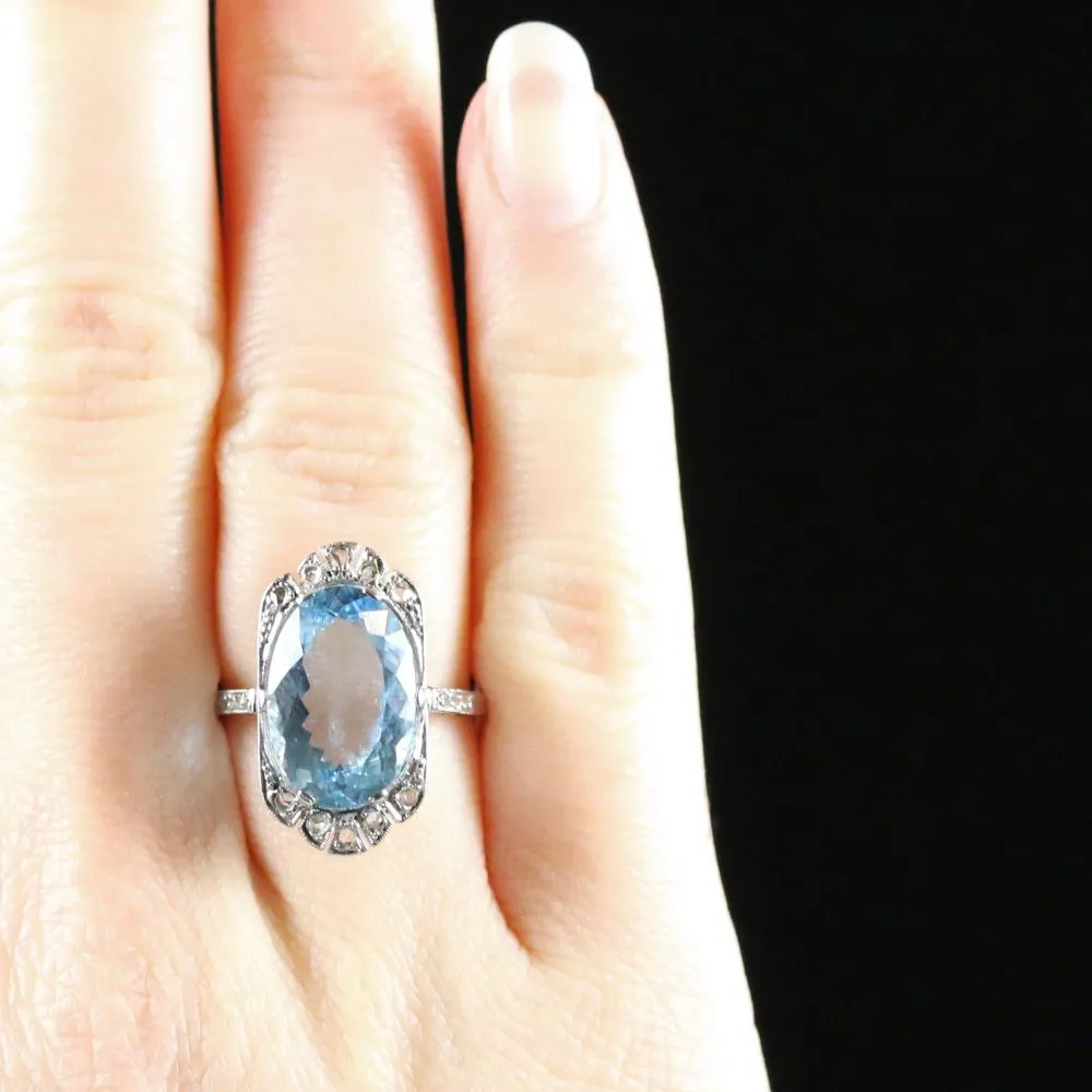 Antique Edwardian Aquamarine Rose Cut Diamond Ring 7.80Ct Aquamarine 18Ct White Gold