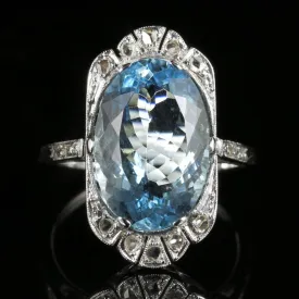 Antique Edwardian Aquamarine Rose Cut Diamond Ring 7.80Ct Aquamarine 18Ct White Gold