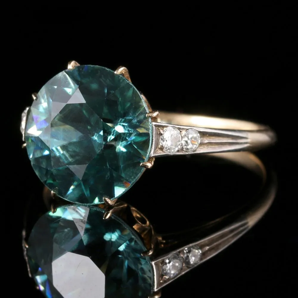 Antique Edwardian Blue Zircon Diamond Ring 18Ct Gold 4.50Ct Blue Zircon