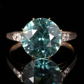 Antique Edwardian Blue Zircon Diamond Ring 18Ct Gold 4.50Ct Blue Zircon