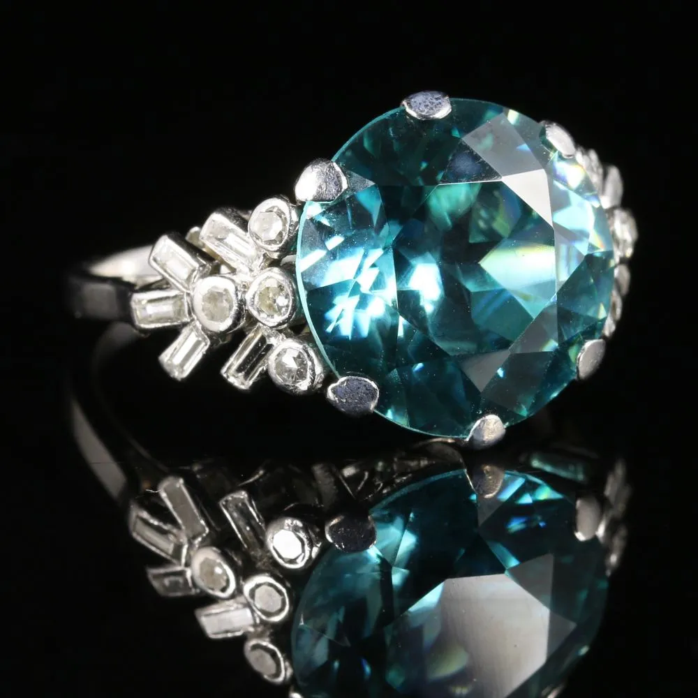 Antique Edwardian Blue Zircon Diamond Ring Platinum 8Ct Zircon Circa 1915