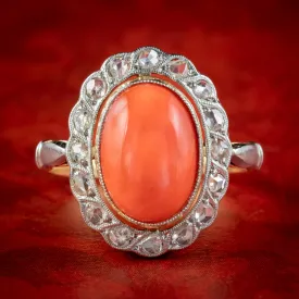 Antique Edwardian Coral Diamond Cluster Ring