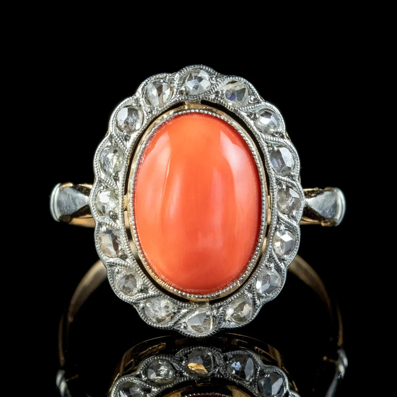 Antique Edwardian Coral Diamond Cluster Ring