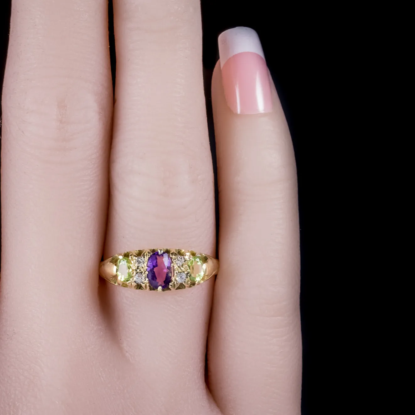 Antique Edwardian Diamond Amethyst Peridot Suffragette Ring 18Ct Gold Circa 1910