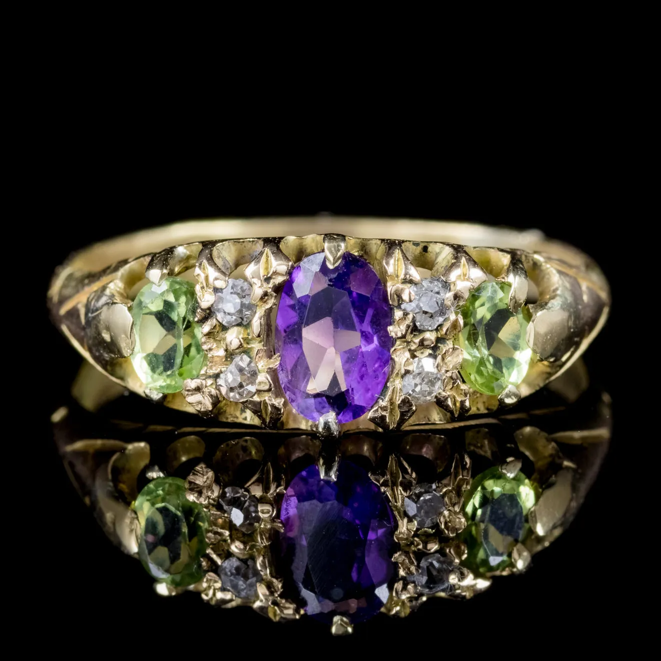 Antique Edwardian Diamond Amethyst Peridot Suffragette Ring 18Ct Gold Circa 1910